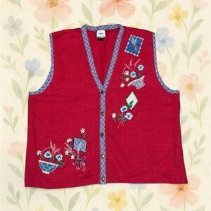 Vintage Stephanie K Embroidered Folk Art Sweater Vest Floral Red Large Cottage